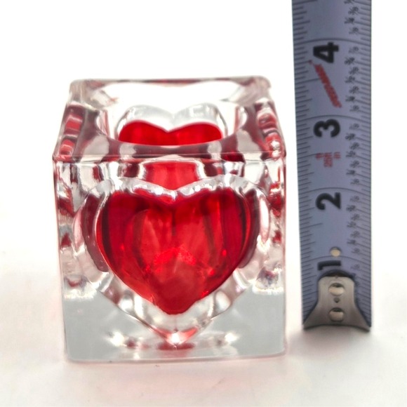 Vintage Art Glass Red Heart Votive Candle Holder 3" Square Valentines Day - Picture 2 of 3